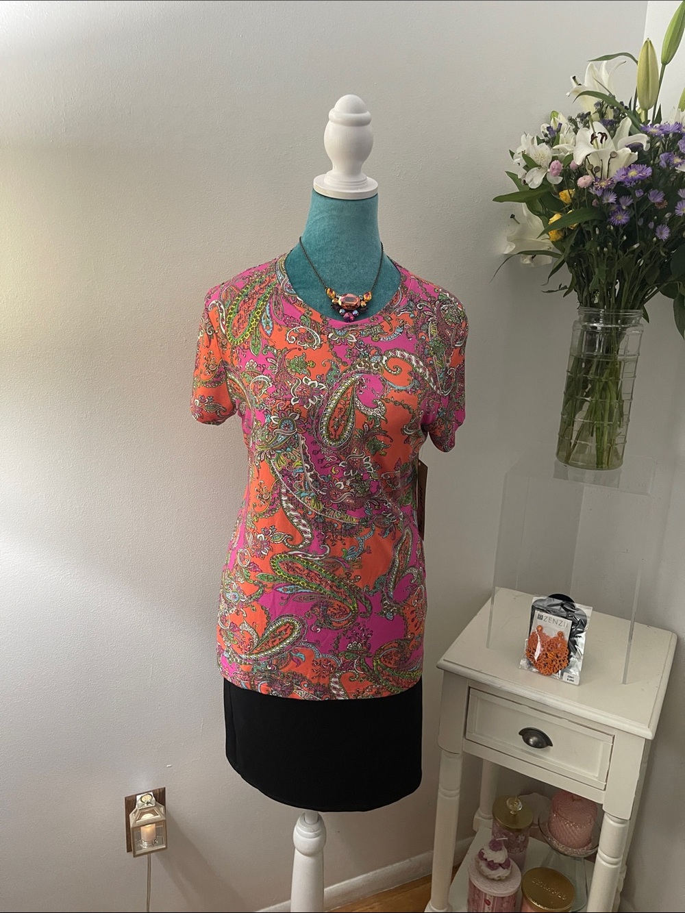 L'AGENCE Pink and Orange Paisley Short Sleeve Tee